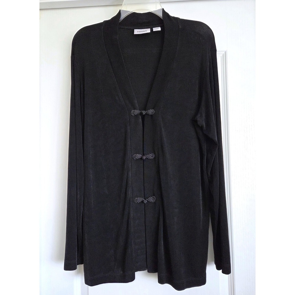 Chicos Travelers Black Frog Closure Cardigan Slinky Mock Neck Jacket Size 2/L‎